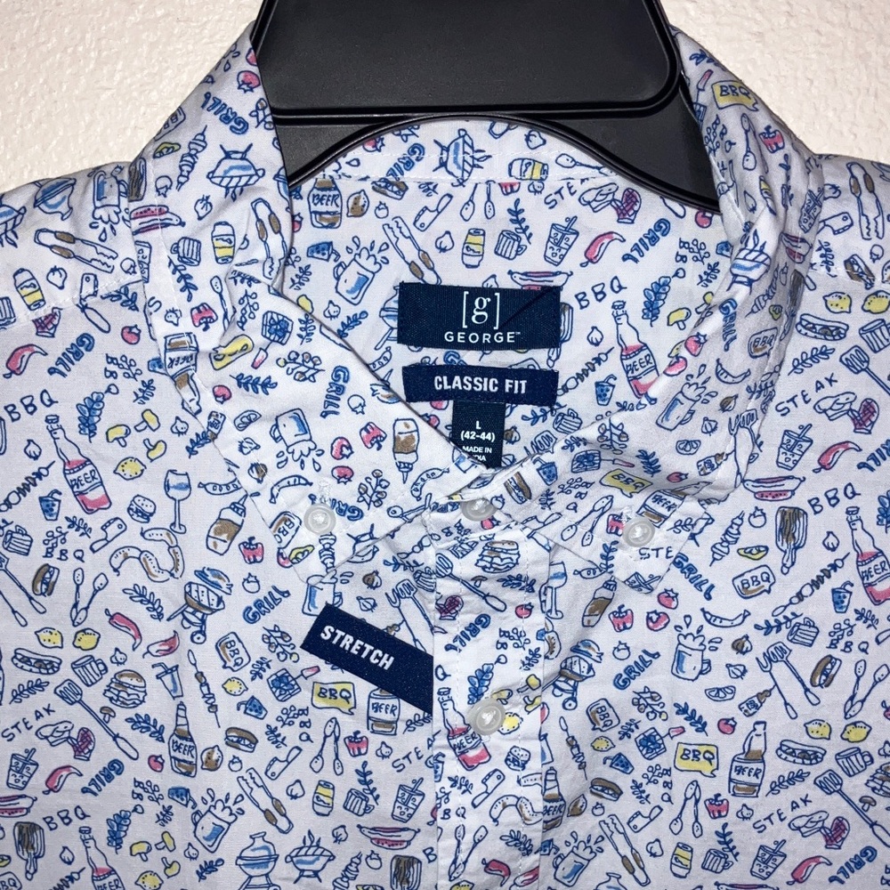 George Men's Casual BBQ Print Button Down, Collared Short Sleeve Shirt‎ Size L